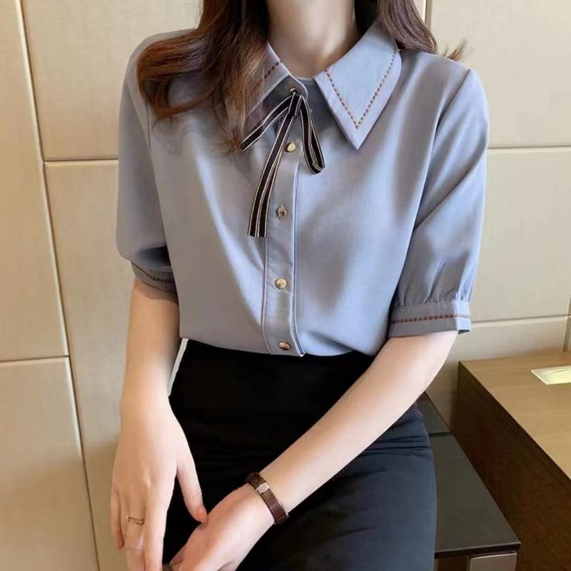 2022年夏季新款雪纺衫女宽松短袖衬衫设计感小众雪纺衬衣