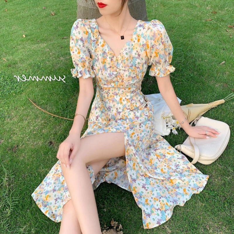 女装长裙修身百搭新款法式碎花连衣裙中长开叉