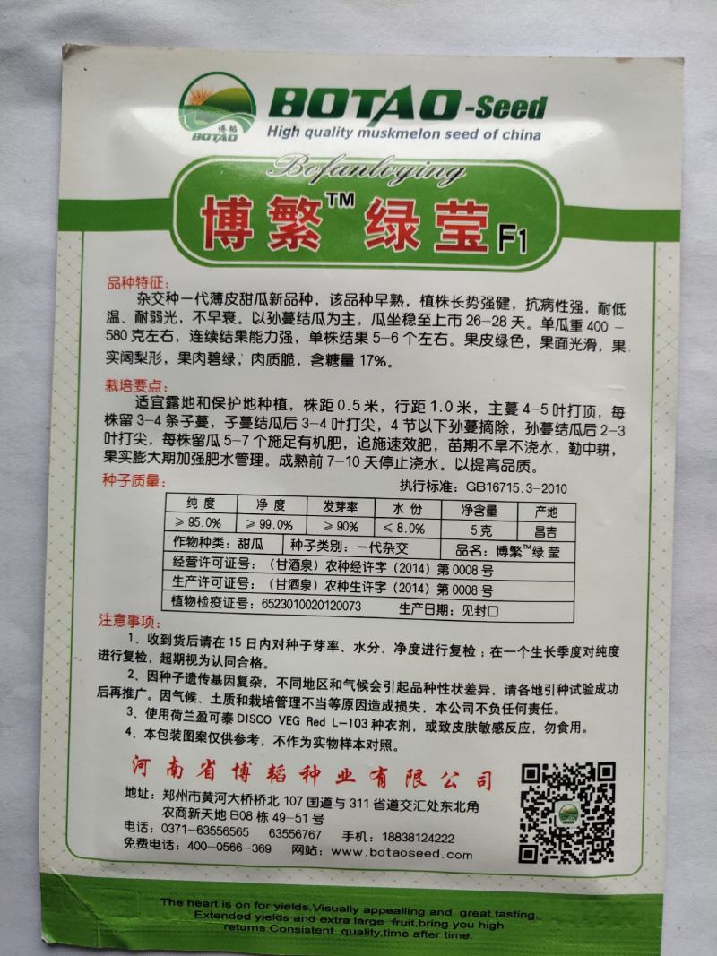 博繁绿莹F1甜瓜种子绿皮绿肉早熟含糖量18结果能力强