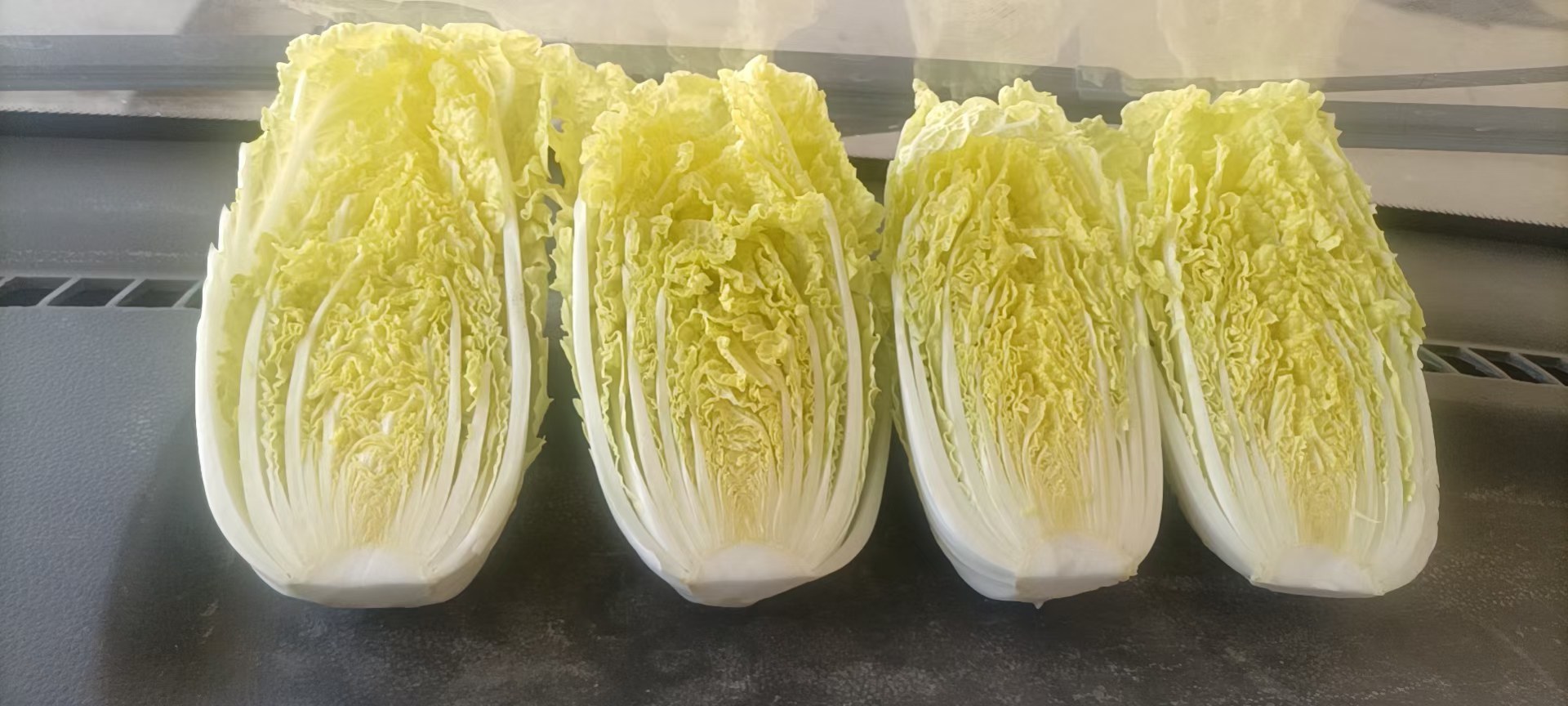 娃娃菜被整齐地竖切成四份，根部保持相连