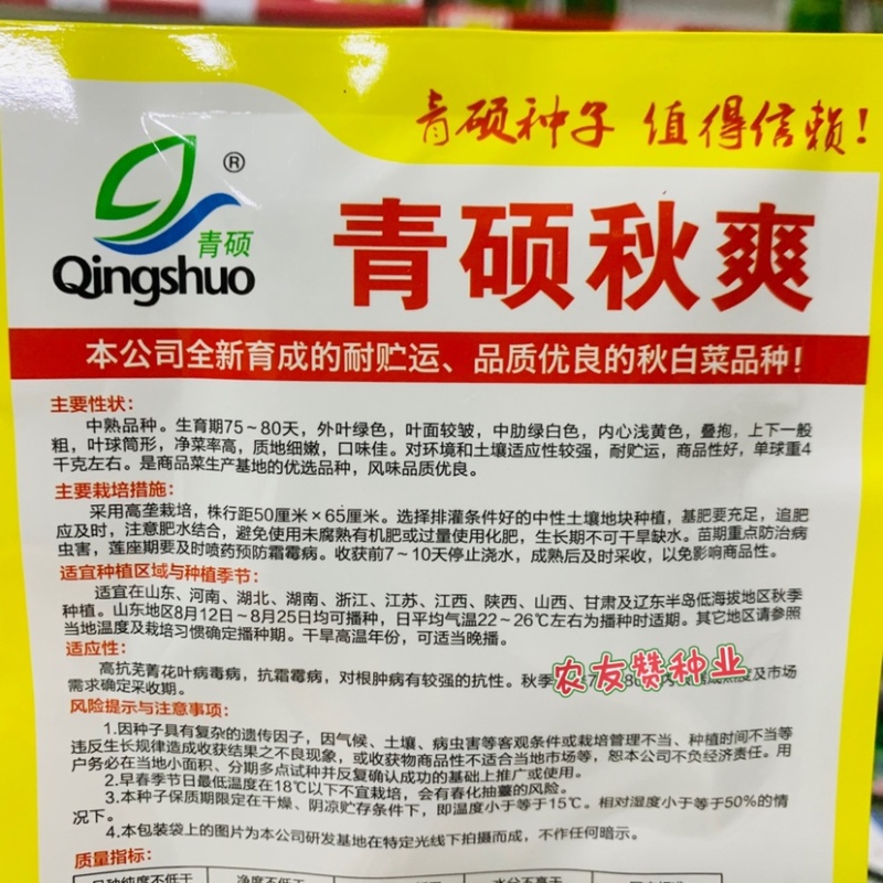 青硕秋爽耐贮运品质优良大白菜种子耐寒口感好浅黄心白菜种