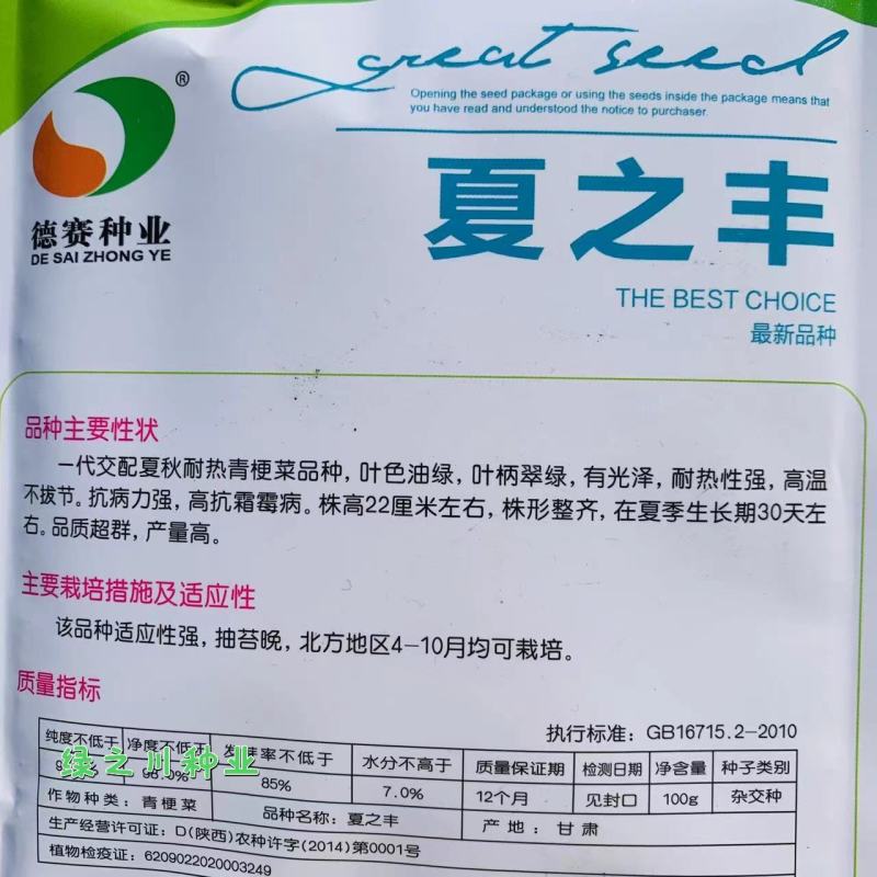 一代交配夏秋耐热青梗菜种子叶色油绿有光泽抗热抗病青菜种子
