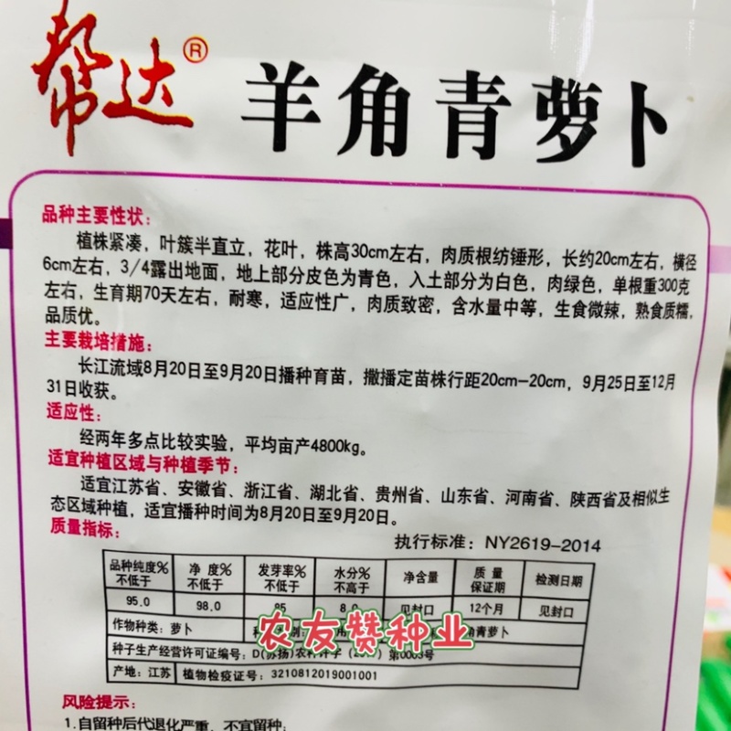 帮达羊角青萝卜种子生食微辣，熟食质糯耐寒青萝卜种籽