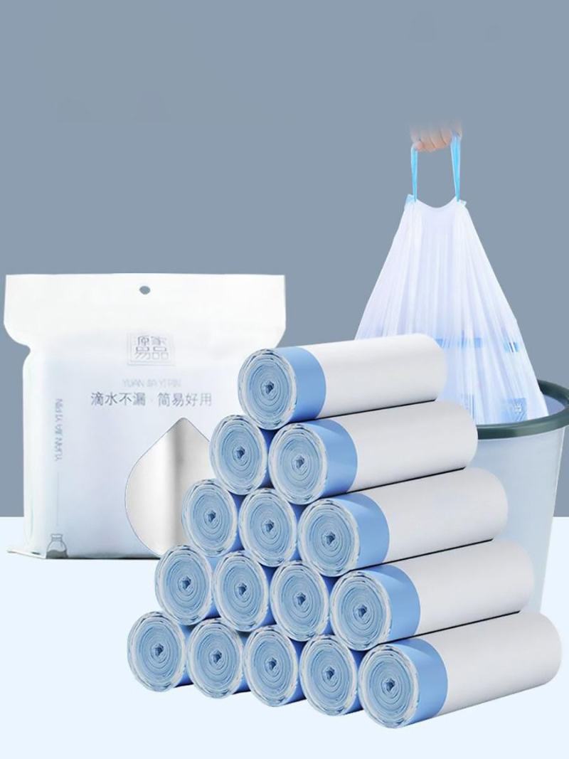 抽绳垃圾袋5连卷家用提拉断点式自动收口白色加厚手提厨房塑