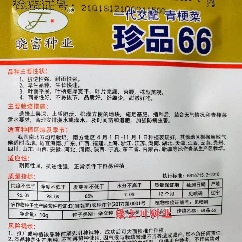 基地优选菜农专用青梗菜种子晓富珍品66耐雨性强甜嫩好吃