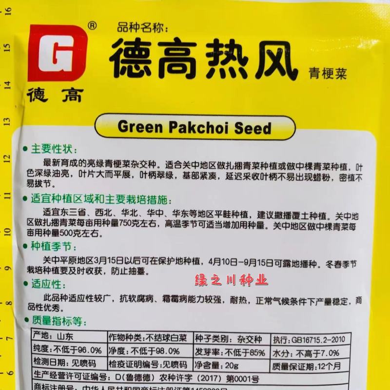 德高热风亮绿青梗菜种子耐热青菜种子好捆扎，可做中棵菜
