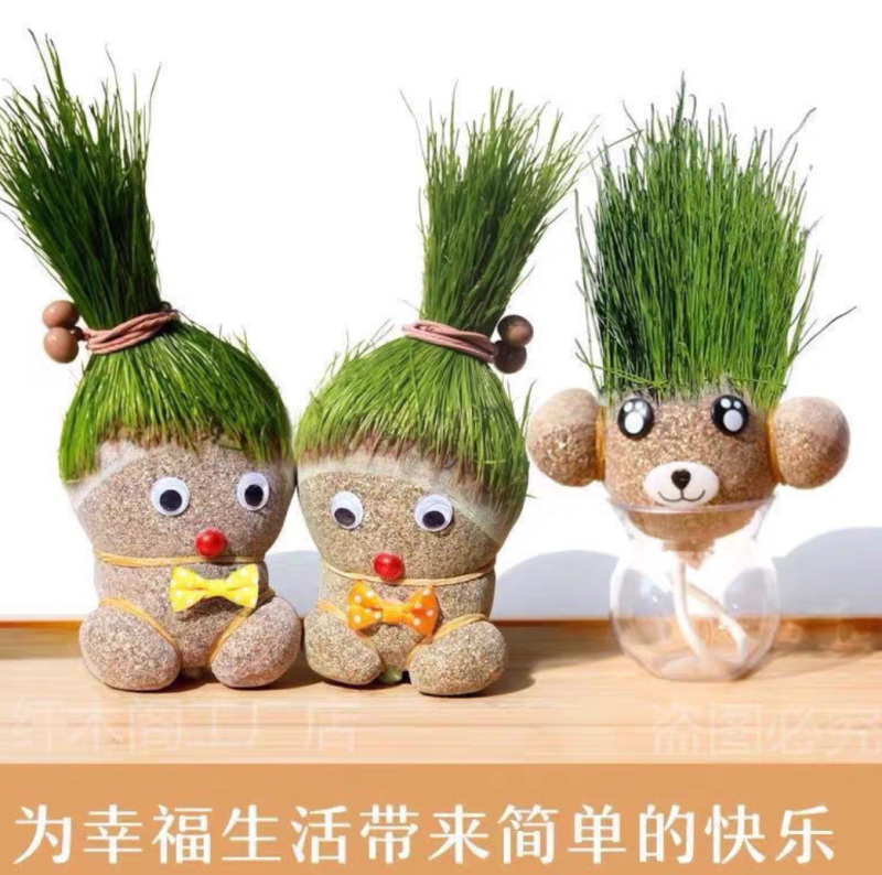 浇水长草头娃娃迷你可爱创意网红小植物盆栽室内抖音同款孩子