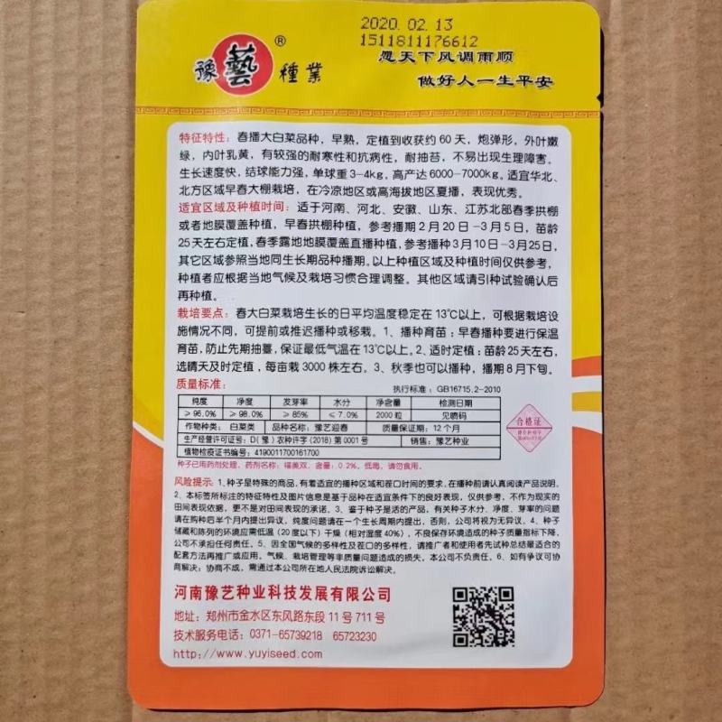 豫艺迎春白菜种子早熟形内叶乳黄产量7000公斤结球能