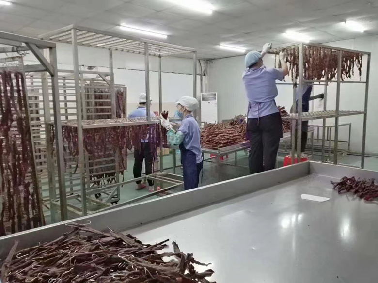 现代化蔬菜分拣车间内,工人正在对刚采收的紫晶荷兰豆进行分级处理,透明塑料筐中堆满紫红色豆荚,背景有自动称重包装设备,墙上标有‘净菜加工标准流程’字样 紫晶荷兰豆采收与分拣场景