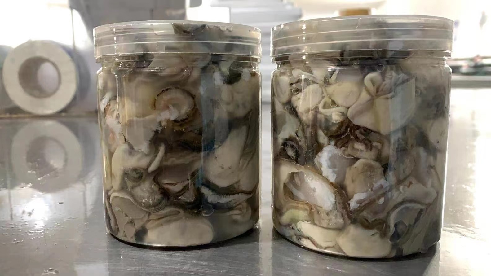 一盘透明包装的冰冻生蚝肉,呈乳白色半透明状,整齐排列于食品托盘中,背景为现代冷链仓储环境,有低温标识和冷藏货架 冰冻生蚝肉特写