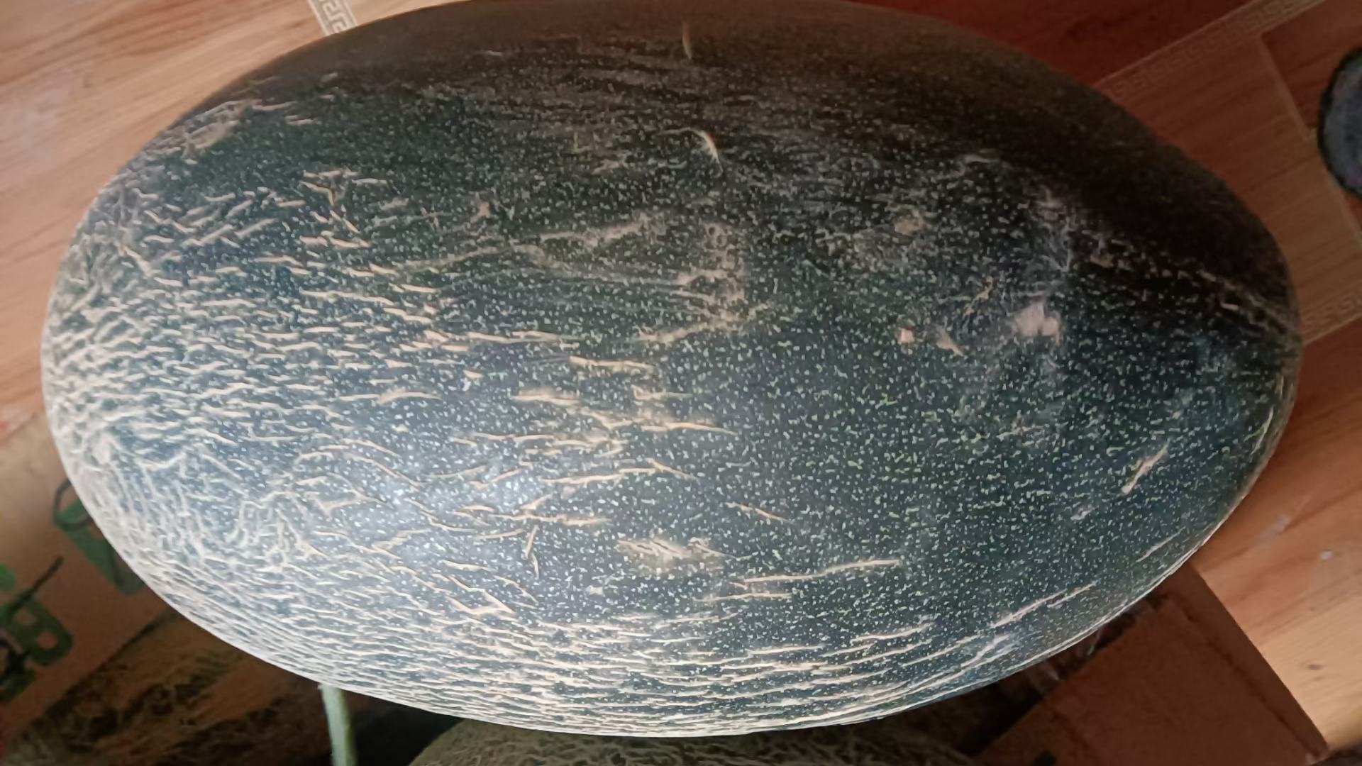 展示一个完整的伽师瓜,果皮呈淡黄绿色,带有不规则条纹,表面光滑,瓜蒂新鲜 伽师瓜的特写展示