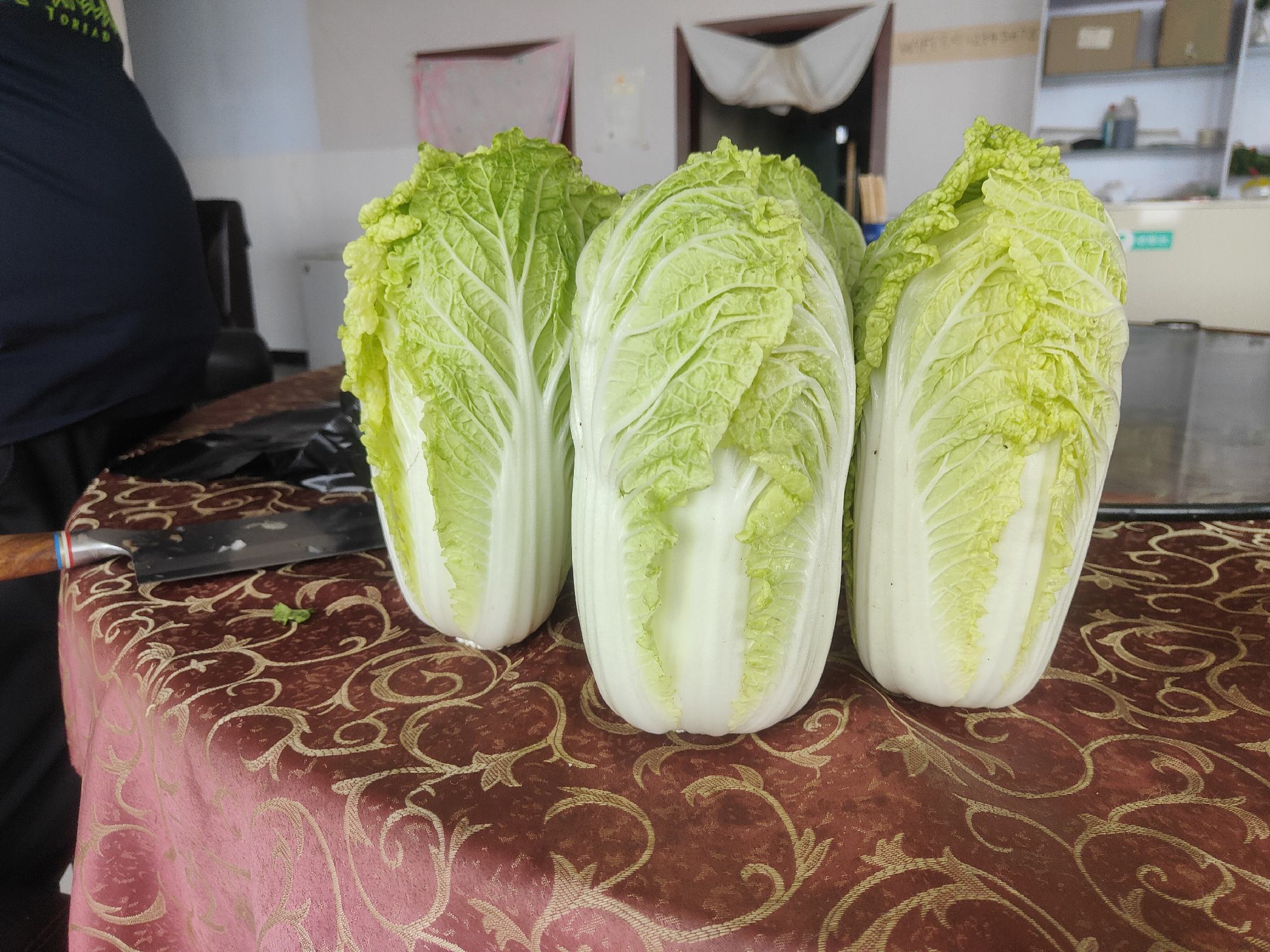厨房场景中，厨师正在将切好的娃娃菜放入砂锅中炖煮，旁边摆放着姜片、枸杞、高汤等配料，光线温暖，体现家常美食氛围