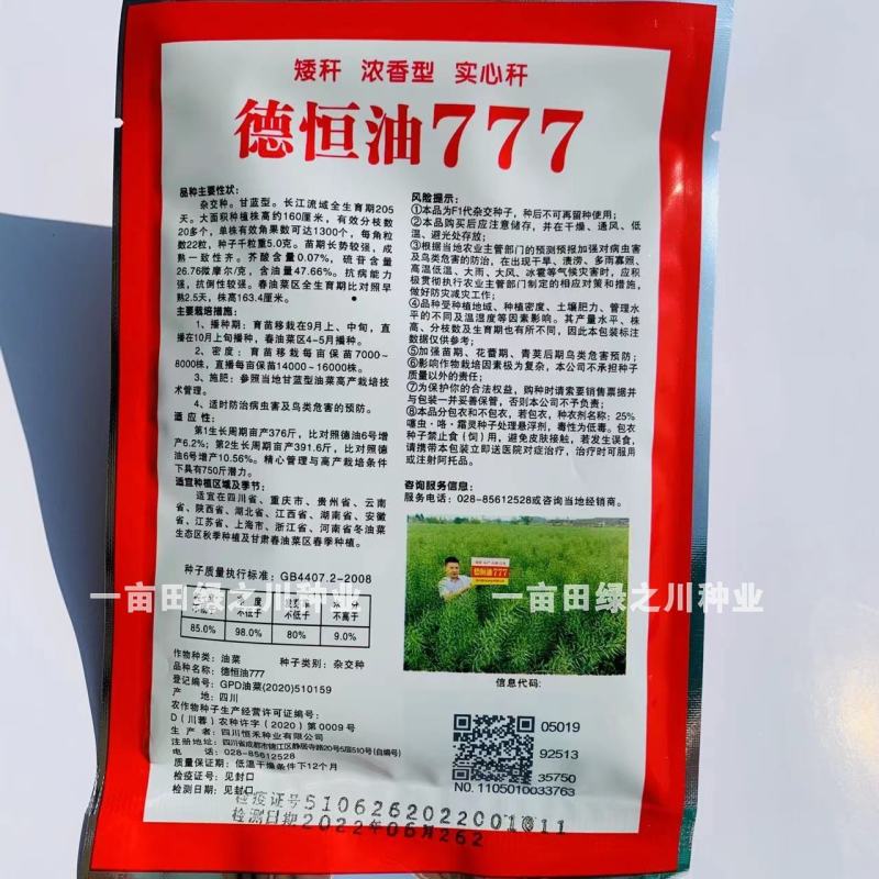 德恒油777油菜种子实心杆高产高油矮杆抗倒油菜籽种子