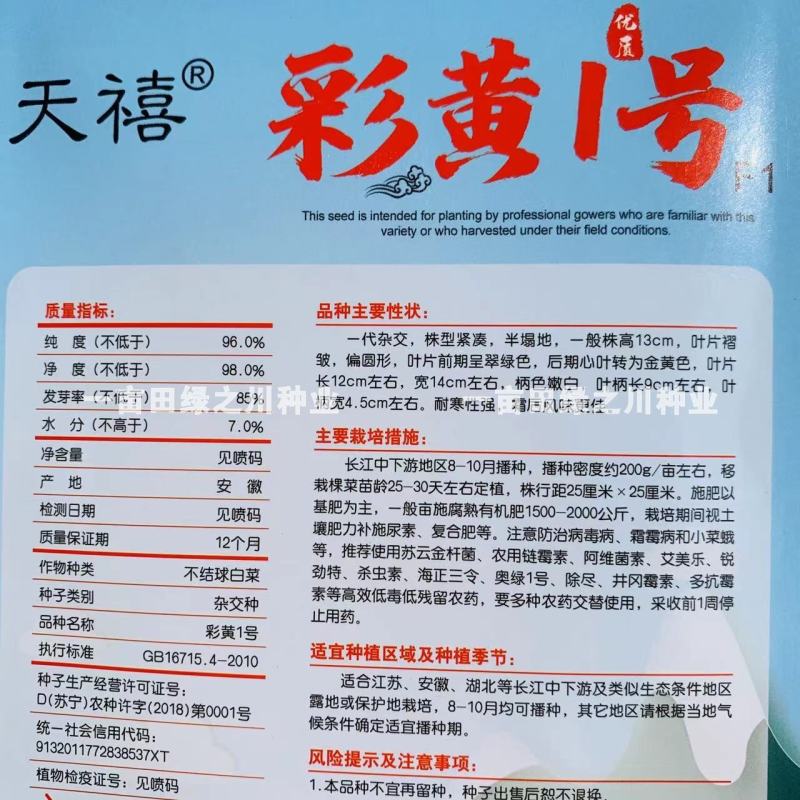 彩黄1号F1黄心乌种子腊月乌菜一代杂交耐寒黄心菜种子