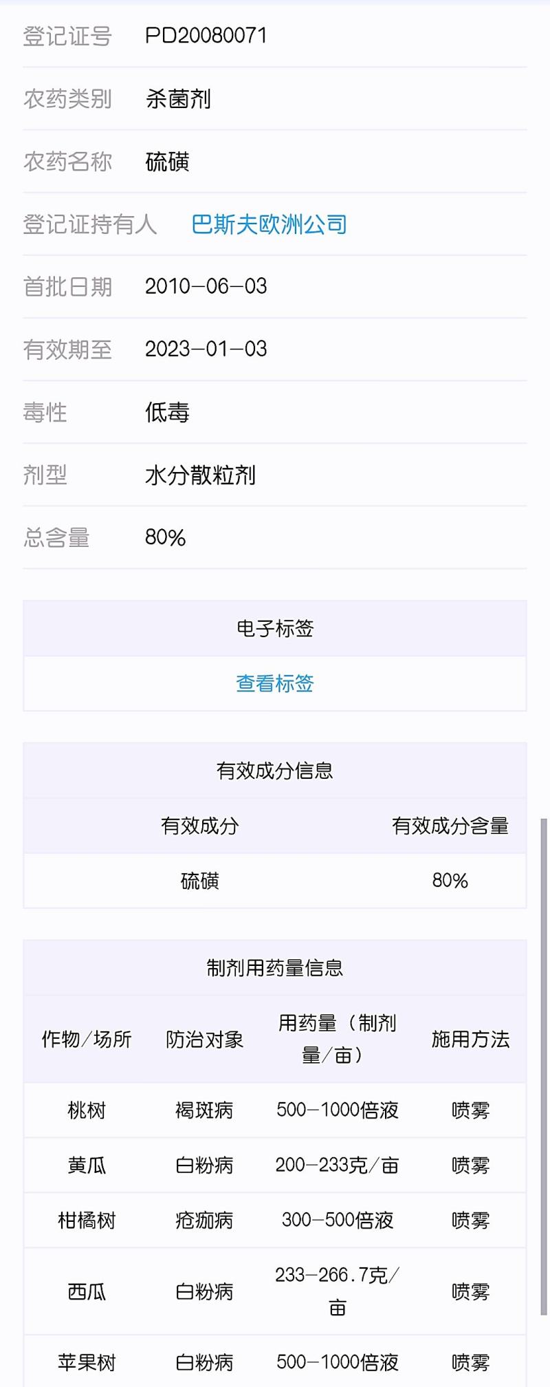 巴斯夫成标80%硫磺柑橘疮痂病西瓜黄瓜柑橘白粉桃树褐斑病
