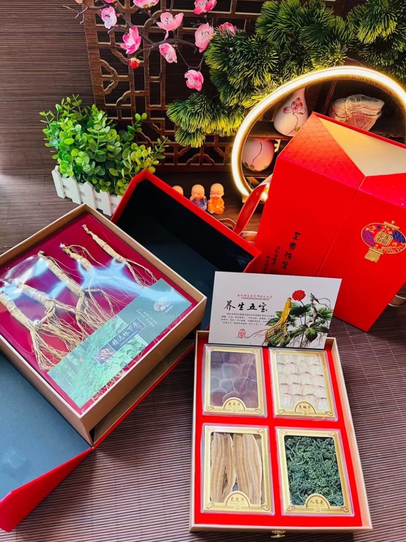 批发抽拉五宝礼盒，内含林下参，鹿茸，鹿鞭，灵芝，参花