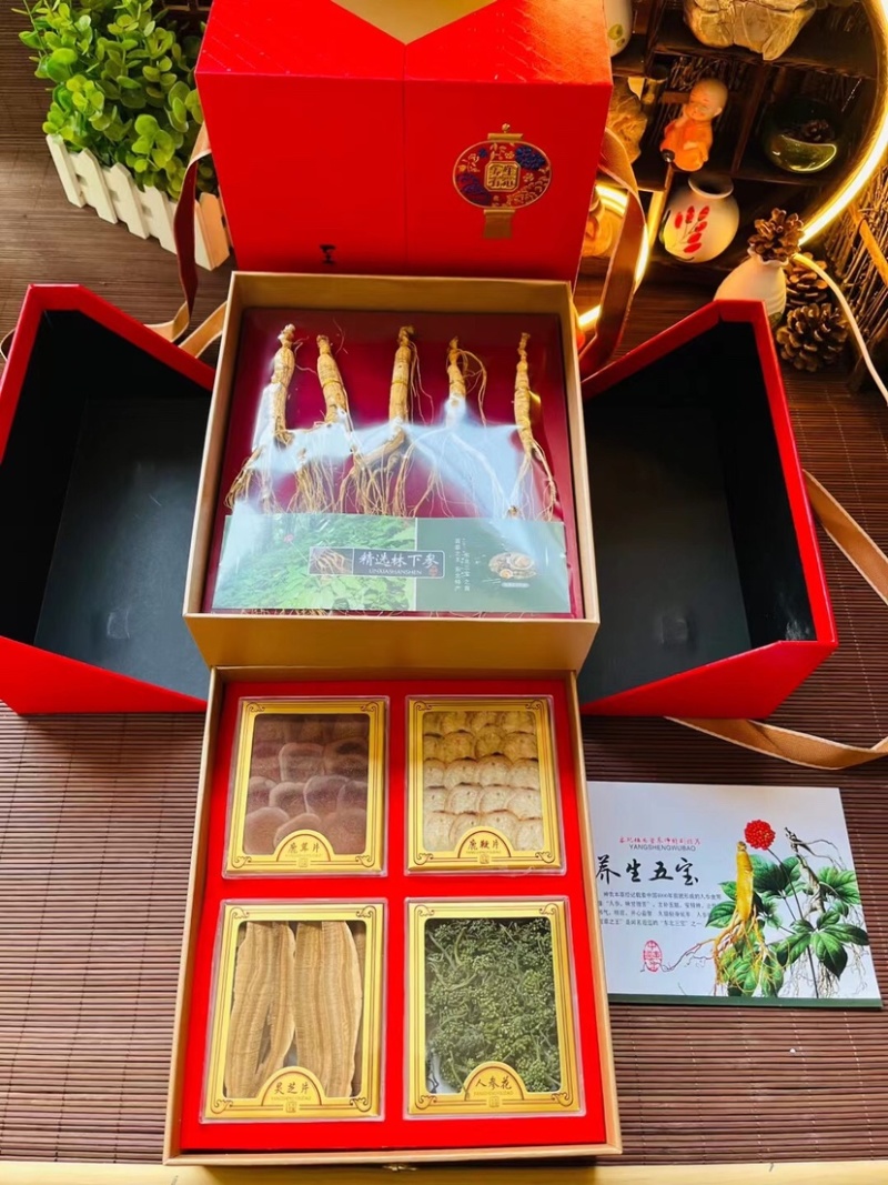 批发抽拉五宝礼盒，内含林下参，鹿茸，鹿鞭，灵芝，参花