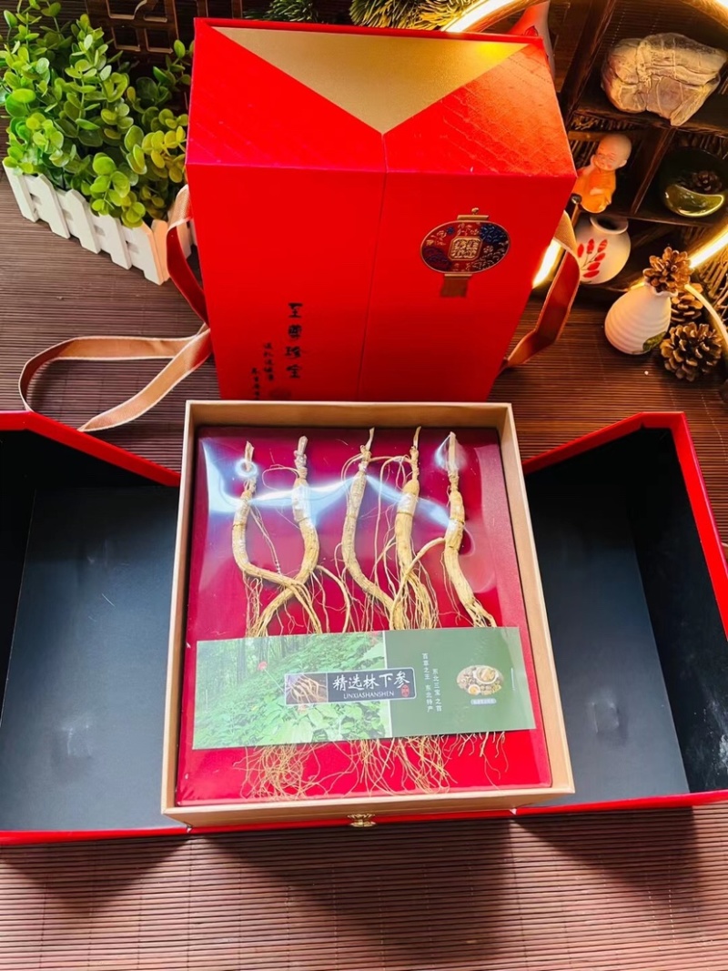 批发抽拉五宝礼盒，内含林下参，鹿茸，鹿鞭，灵芝，参花