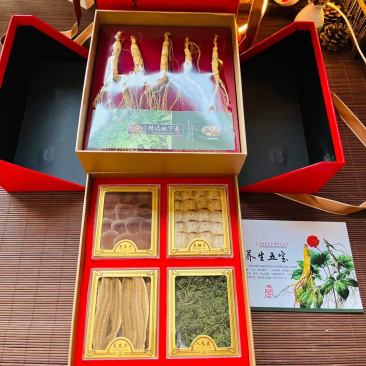 批发抽拉五宝礼盒，内含林下参，鹿茸，鹿鞭，灵芝，参花