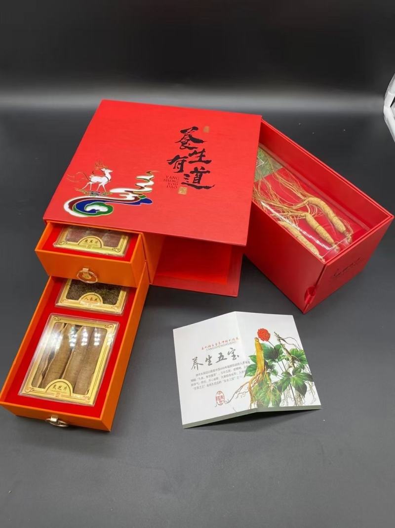 新款五宝礼盒人参灵芝人参花鹿鞭片鹿茸片礼盒