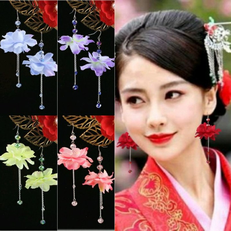 结婚新娘婚秀汉服饰品中国古风花朵耳坏925锒耳钩耳坠