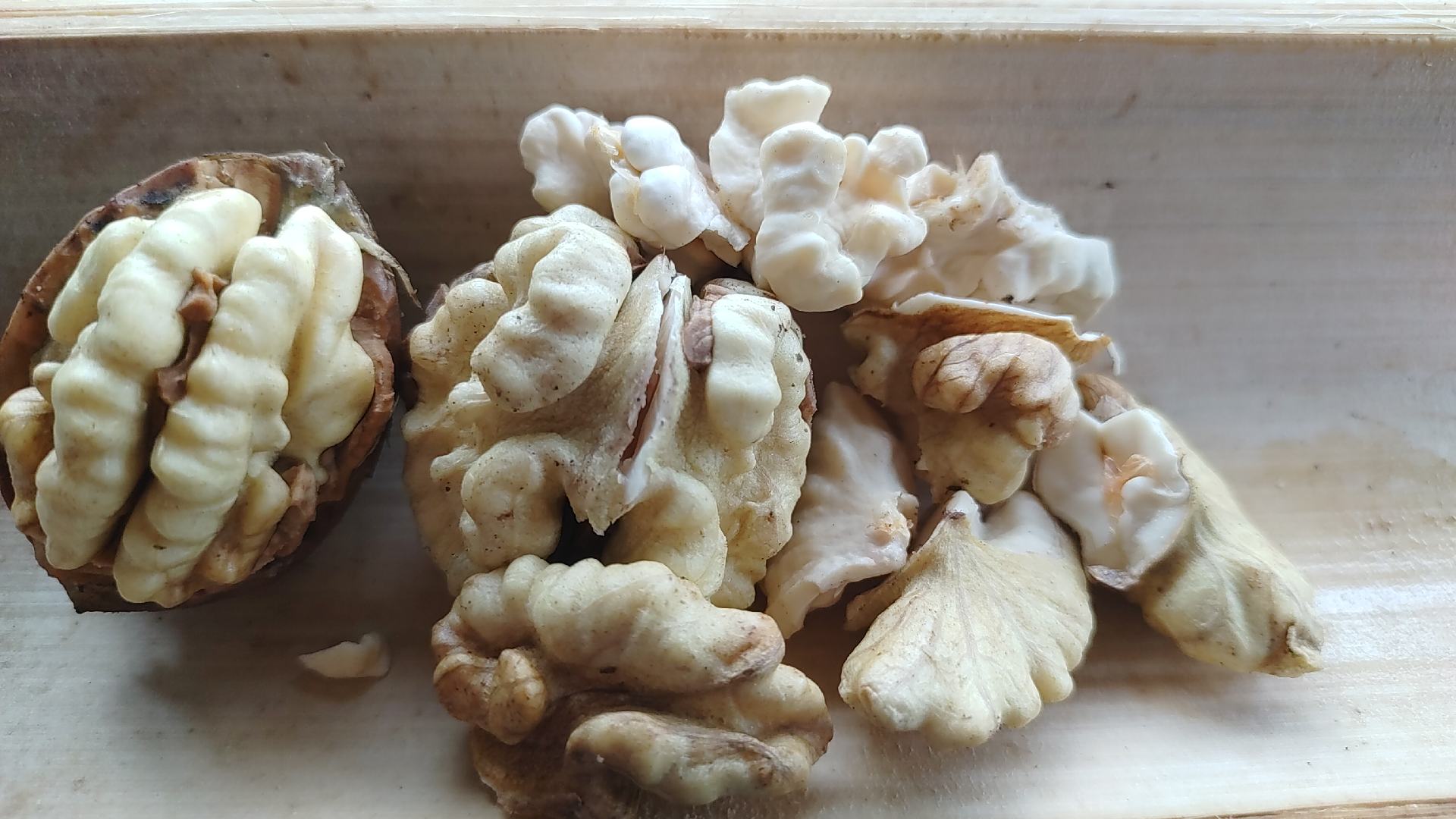 空气炸锅和新鲜薄皮核桃摆放整齐的桌面