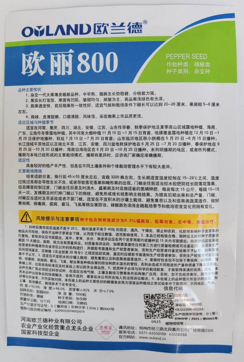 欧兰德欧丽800薄皮泡椒种子大果皱皮黄绿皮薄皮泡椒种子