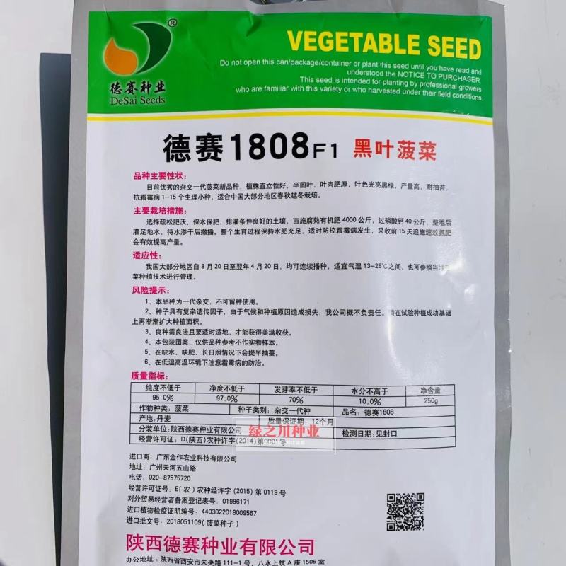 德赛1808黑叶菠菜种籽丹麦进口菠菜种子直立性好耐捆绑