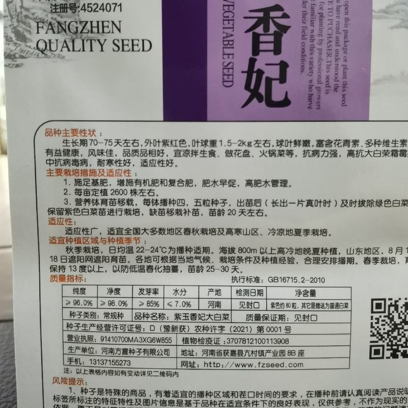 紫白菜种子中熟生长期约75天左右南北均可种植