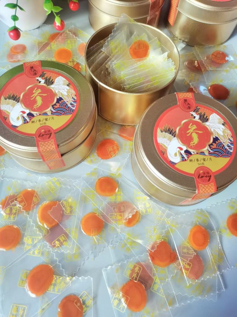新品上市，鲜参蜜片，（大中小号）铁盒便携装