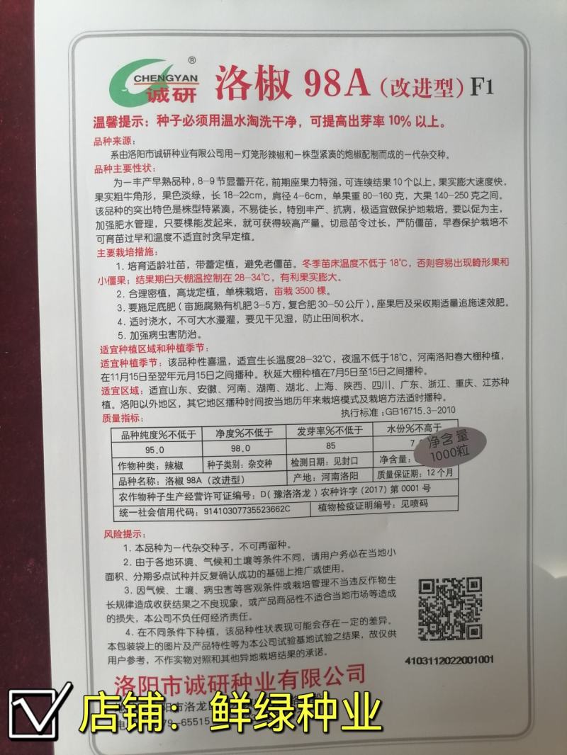 洛椒98A（改进型）丰产早熟薄皮椒，果色绿丰产抗病