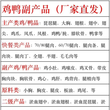 鸡鸭副产品鸡肠鸡肝琵琶腿鸭珍鸡胗大胸翅根翅中翅尖鸡心