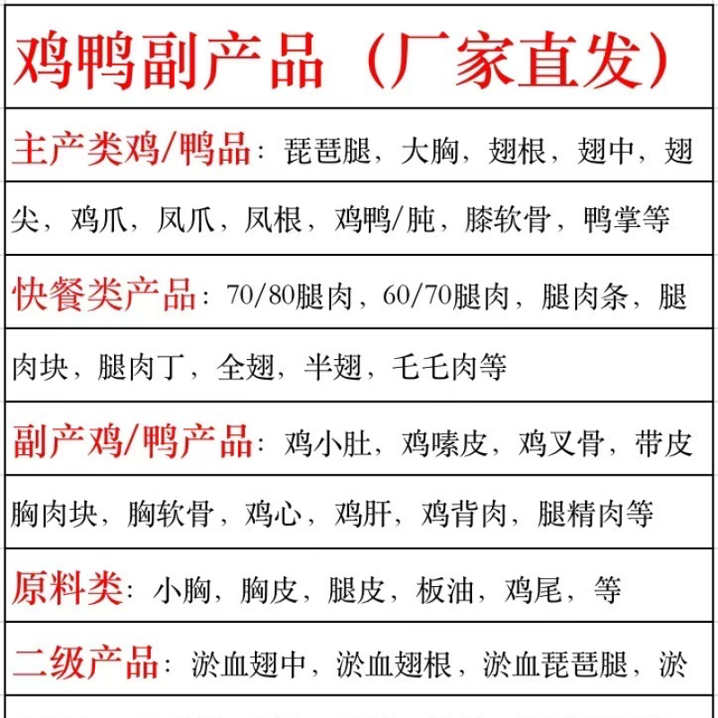 鸡鸭副产品鸡肠鸡肝琵琶腿鸭珍鸡胗大胸翅根翅中翅尖鸡心