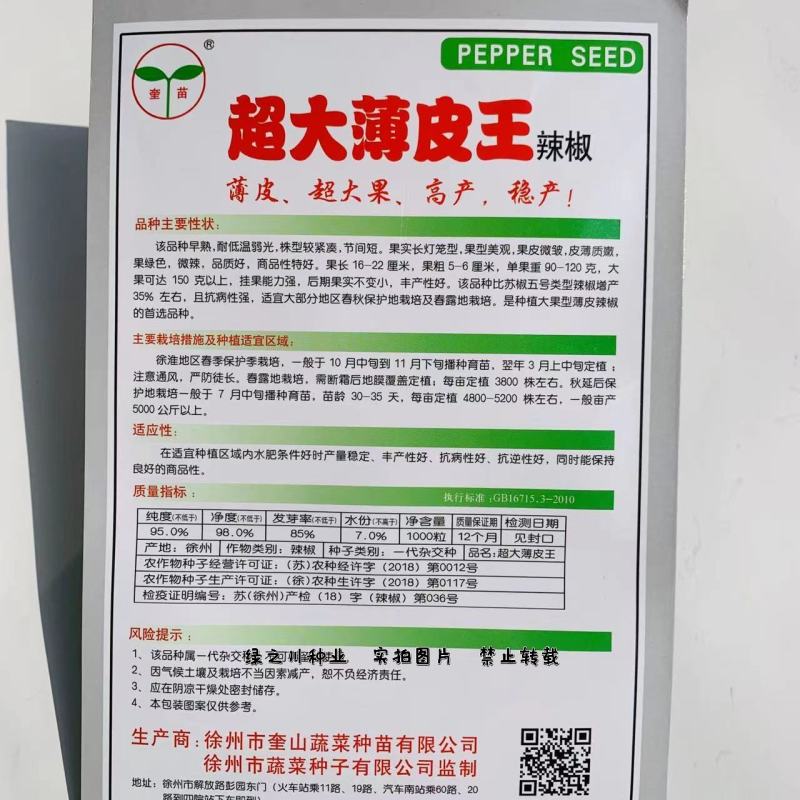 超大薄皮王辣椒种子高产稳产早熟皮薄微辣大果型薄皮椒种子