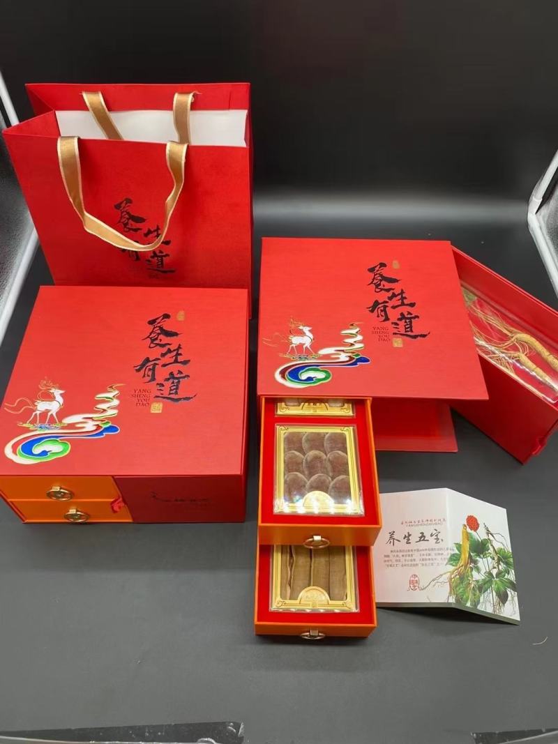 新款五宝礼盒人参灵芝人参花鹿鞭片鹿茸片礼盒