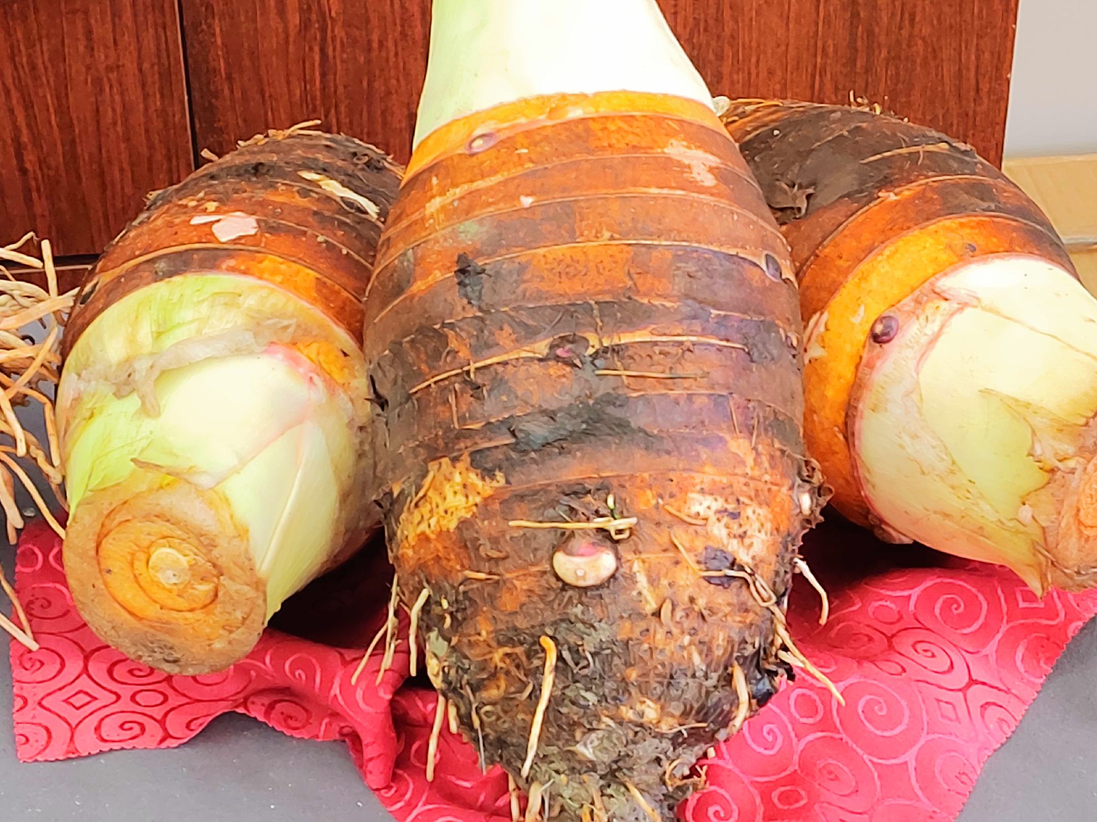 一张木制餐桌上摆放三道以毛芋仔为主料的家常菜:左上方为清蒸毛芋仔配蜂蜜碟,中间为毛芋仔炖排骨砂锅,右下方为红烧毛芋仔小碗,背景虚化中有家庭聚餐场景,营造温馨饮食氛围 毛芋仔家常菜肴拼盘