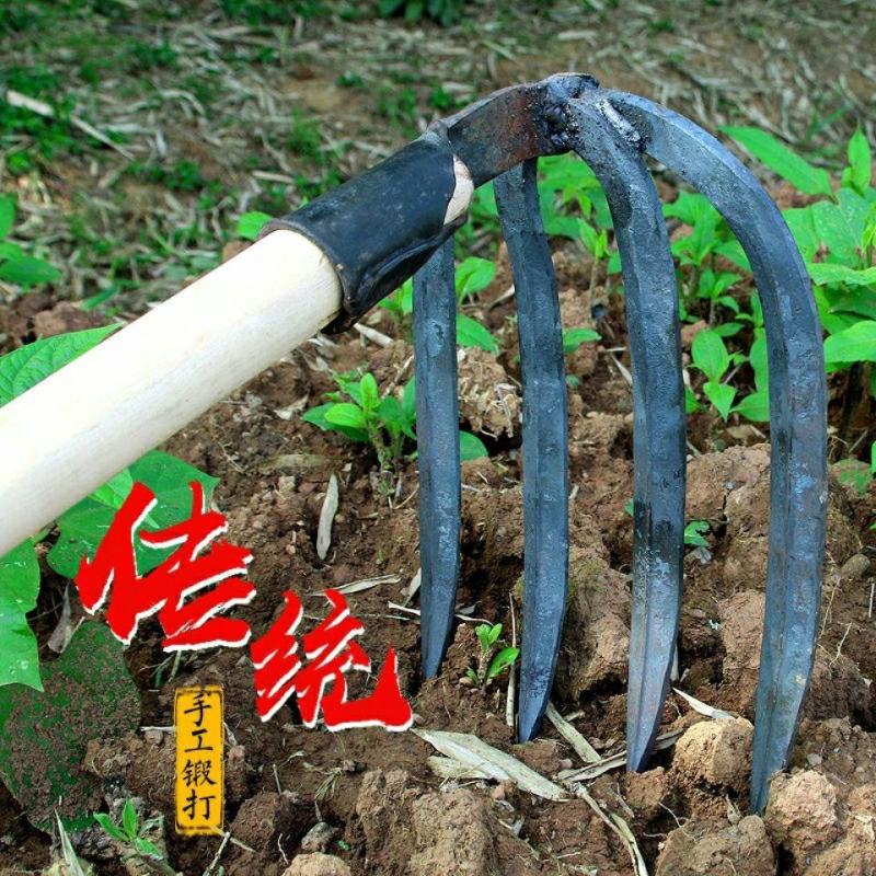 手工耙子锻打四齿农用工具园艺水泥耙铁钉耙菜园开垦松土种菜