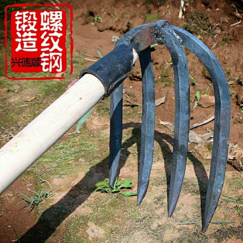手工耙子锻打四齿农用工具园艺水泥耙铁钉耙菜园开垦松土种菜