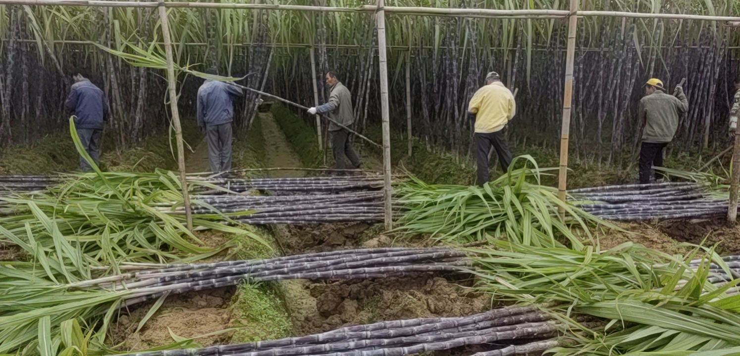 农民在田间收割黑皮甘蔗场景