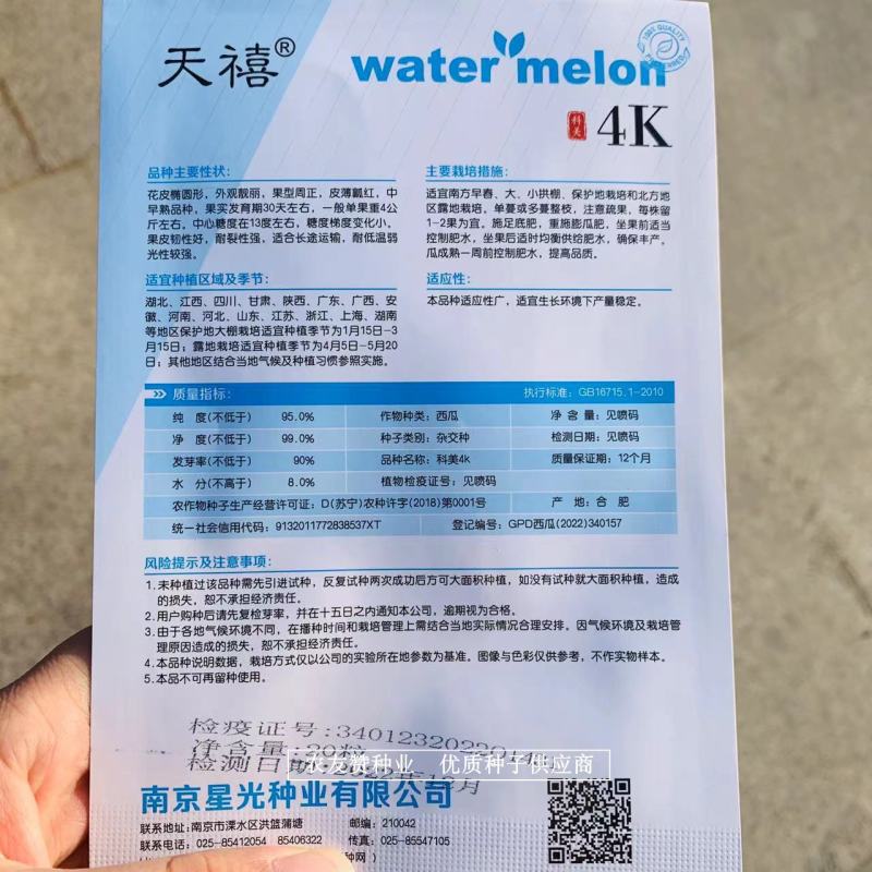 天禧4k西瓜种子高品质礼品西瓜种子皮薄瓤红椭圆形小西瓜