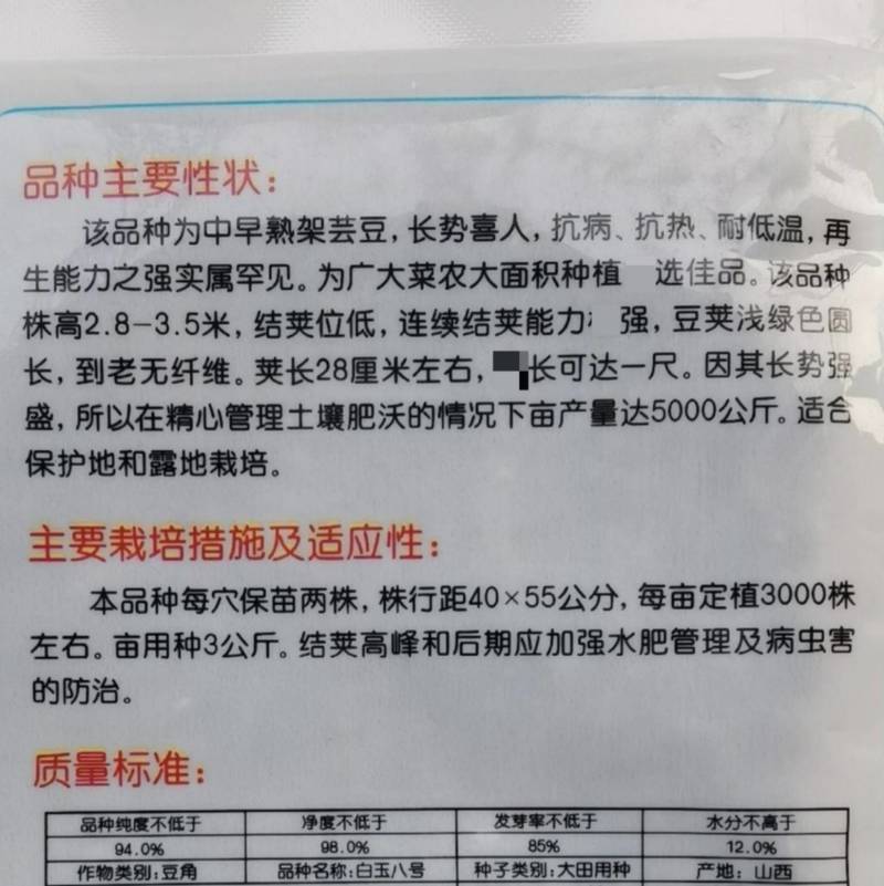 白玉八号芸豆种子白荚四季豆架豆种子无筋高产早熟长豆角种子