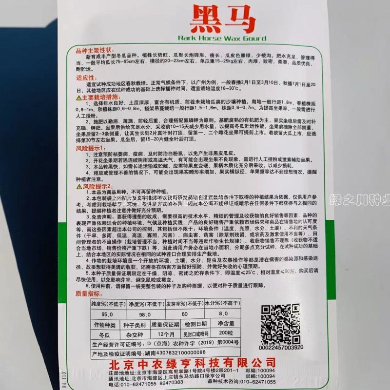 绿亨黑马冬瓜种子特大号黑皮冬瓜种子丰产型墨绿皮长炮弹形