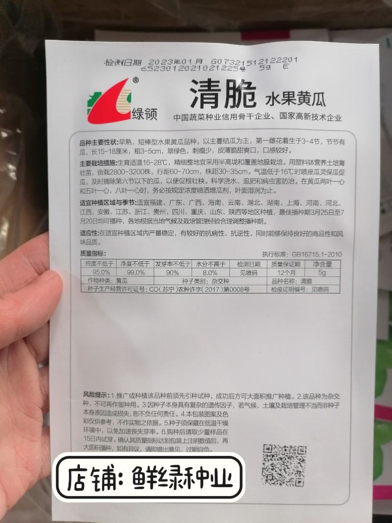 绿领清脆早熟短棒型水果黄瓜种子皮薄脆甜爽口