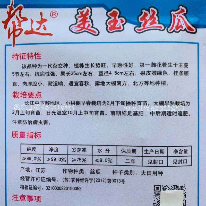 帮达美玉丝瓜种子早熟性好瓜条顺直特长丝瓜种子耐运输