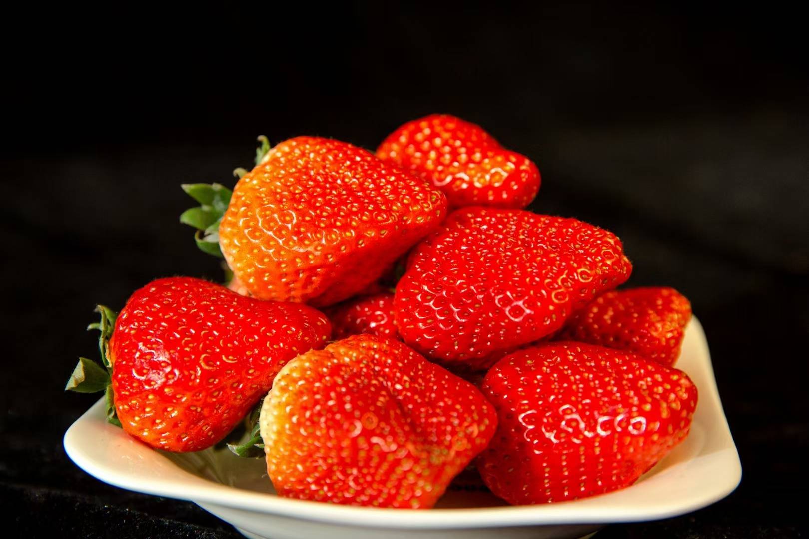 红颜草莓在阳光下呈现出诱人的鲜红色 红颜草莓在阳光下的特写