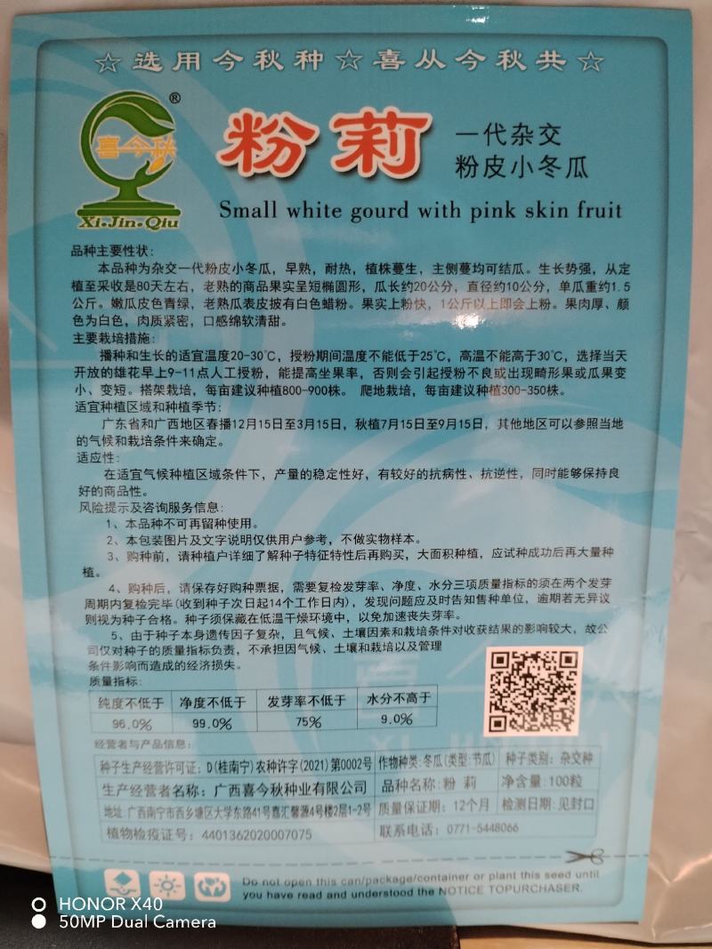 粉莉实心小冬瓜种早熟耐热口感绵软清甜爬地撘架均可