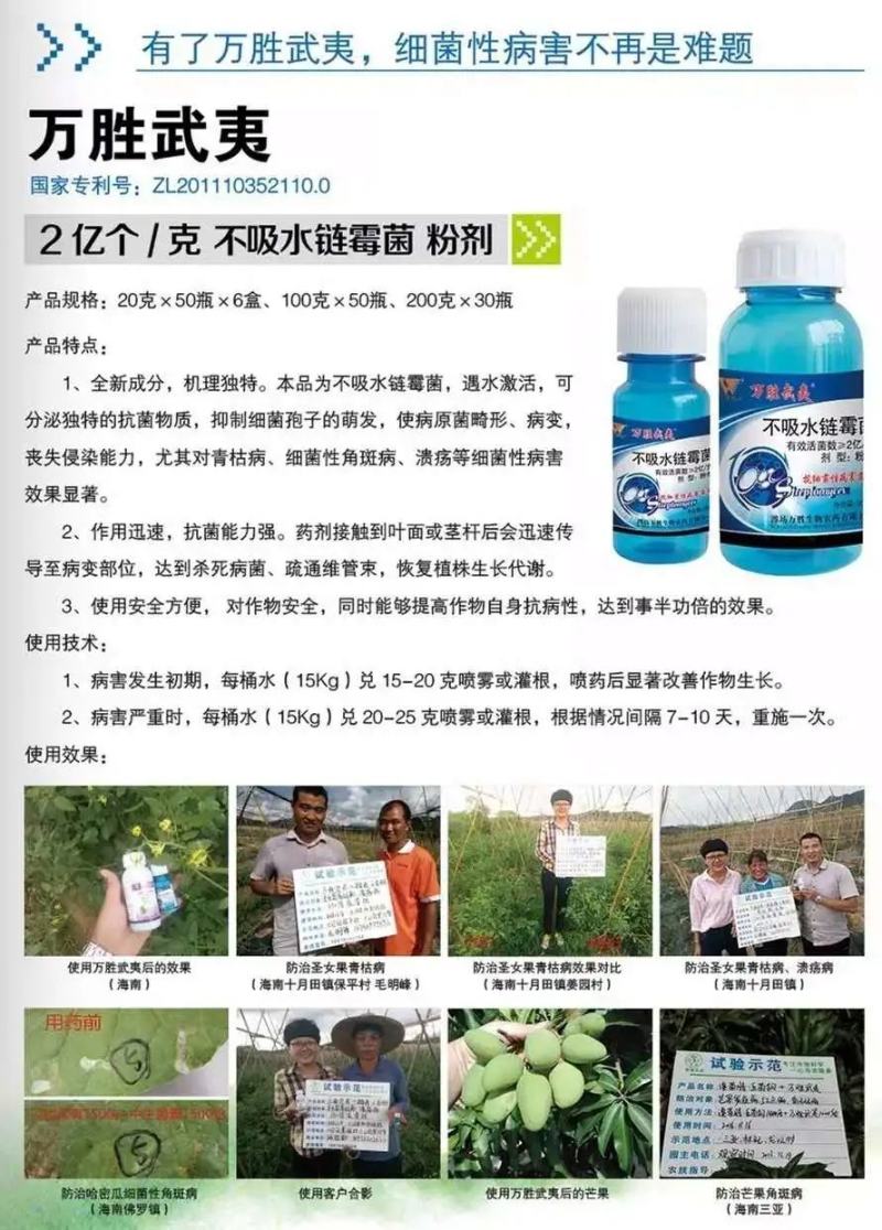 万胜武夷不吸水链霉菌细菌性病害角斑病青枯病微生物菌剂