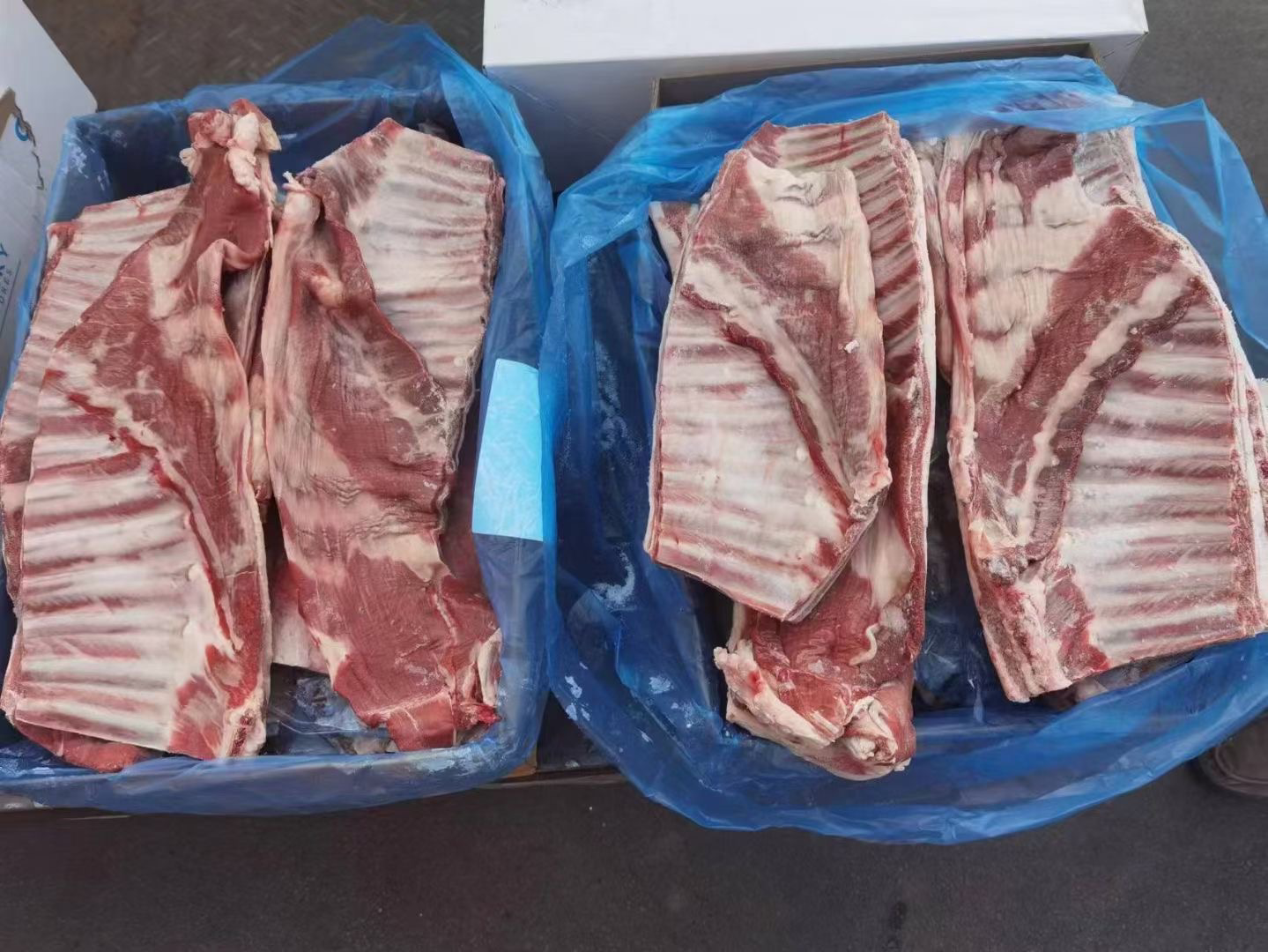 波尔山羊肉产品展示,包括分割包装的冷鲜肉、羊肉串、羊排等,陈列在展示柜中 波尔山羊肉产品展示