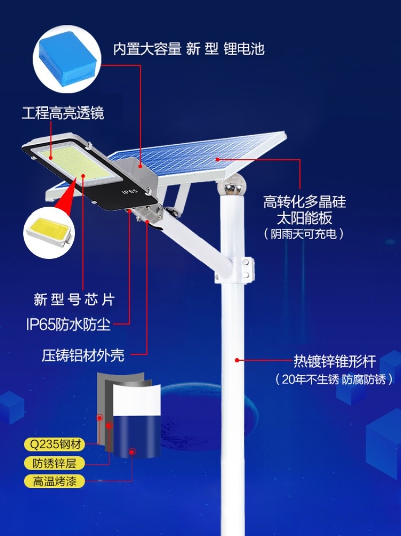 户外太阳能路灯全套3/4/5/6/7/米高亮LED灯珠