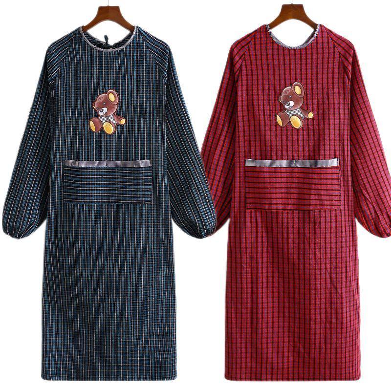 纯棉老粗布长袖围裙厨房家用韩版时尚防水防油可爱罩衣成人工